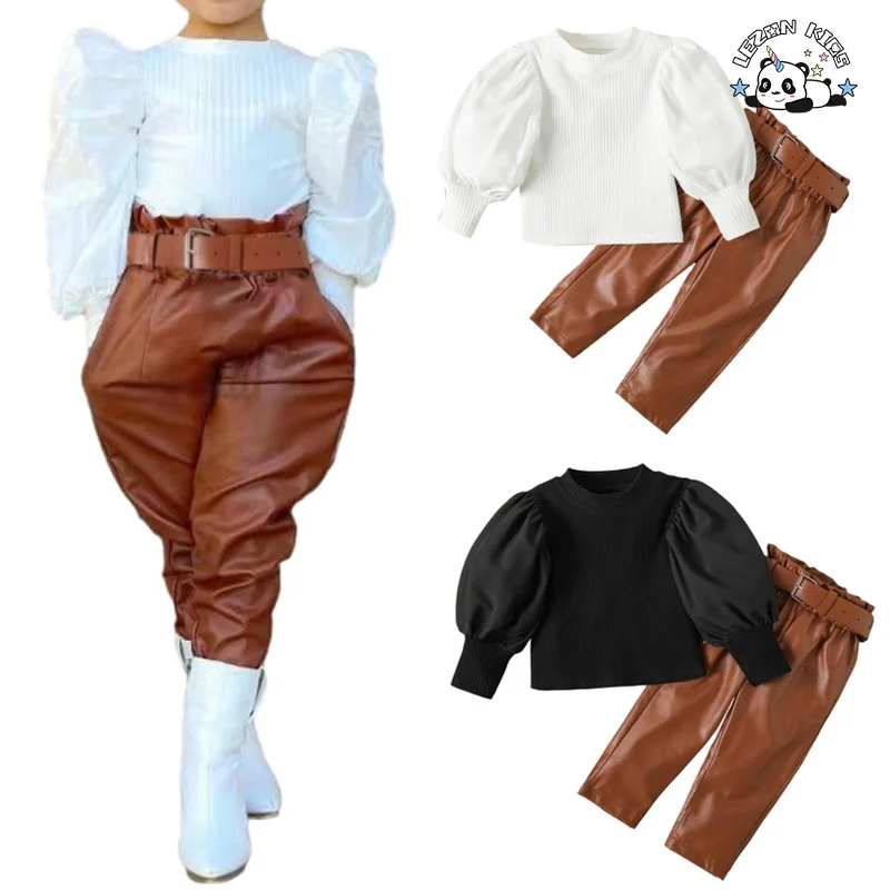 LEZONKIDS - High Street Lantern Sleeve Top Wear and PU Leather Pants Two Piece Junior Girls Clothing Sets